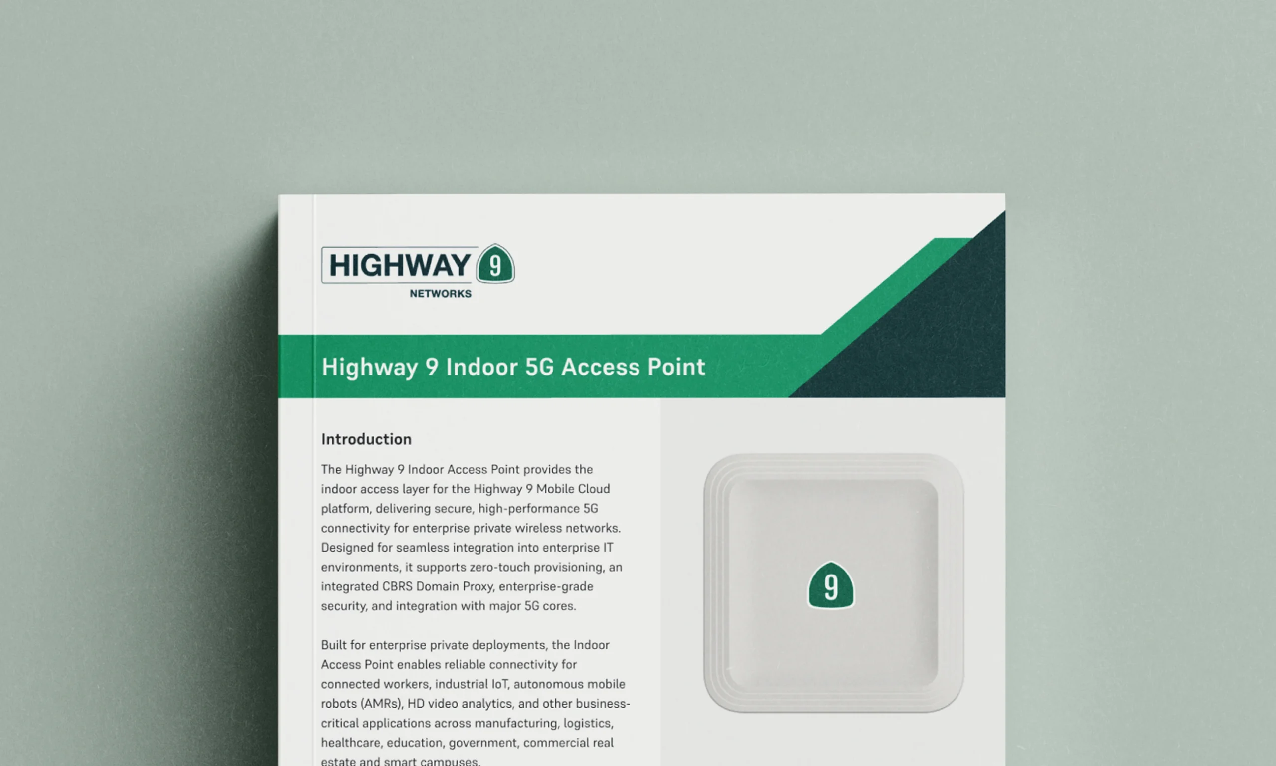 Highway 9 Indoor 5G Access Point for enterprise private wireless networks